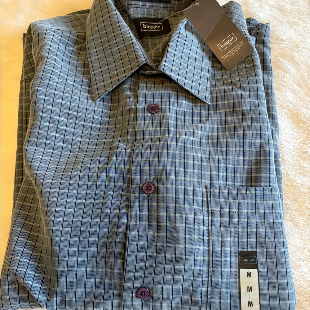 Haggar Men's Blue and Gray Plaid Shirt